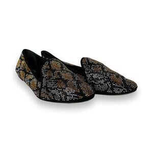 B by Brian Atwood Black Animal Print Crystal Studded Slip On Flats